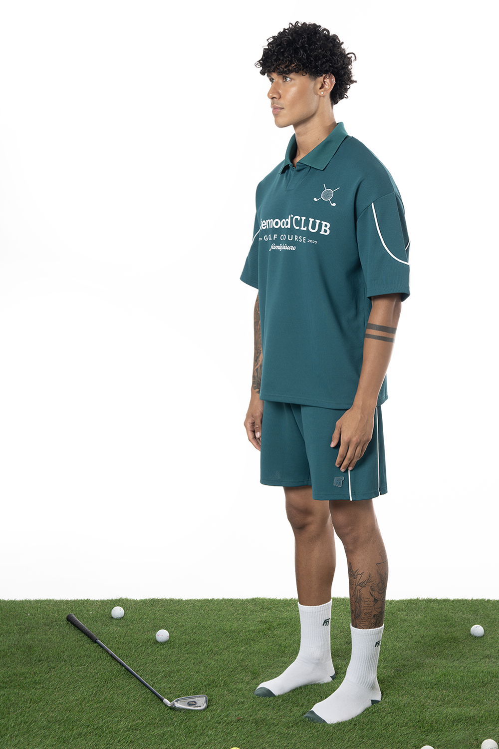 Erkek Oversize Fakemood Jersey Polo Yaka Golf Forma - Yeşil - 1