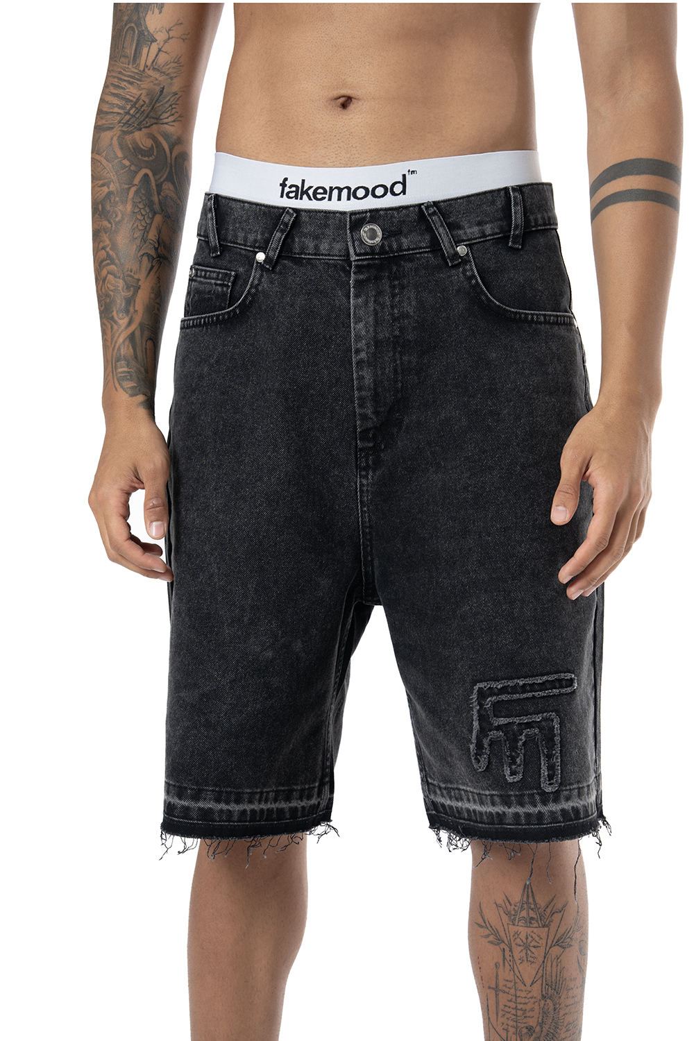Unisex Oversize Yıpratmalı Fm Icon Detaylı Premium Denim Şort - Siyah - 0