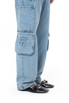 Unisex Relaxed Fit Logo Kabartmalı Nakış Detaylı Premium Kargo Pantolon - Mavi - 3