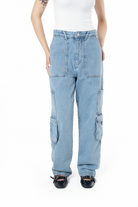 Unisex Relaxed Fit Logo Kabartmalı Nakış Detaylı Premium Kargo Pantolon - Mavi - 4
