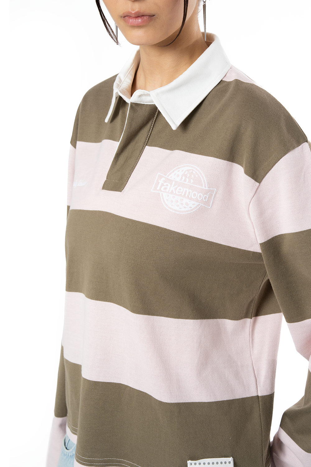 Unisex Çizgili Nakışlı Uzun Kollu Polo Tişört - Pembe - 5