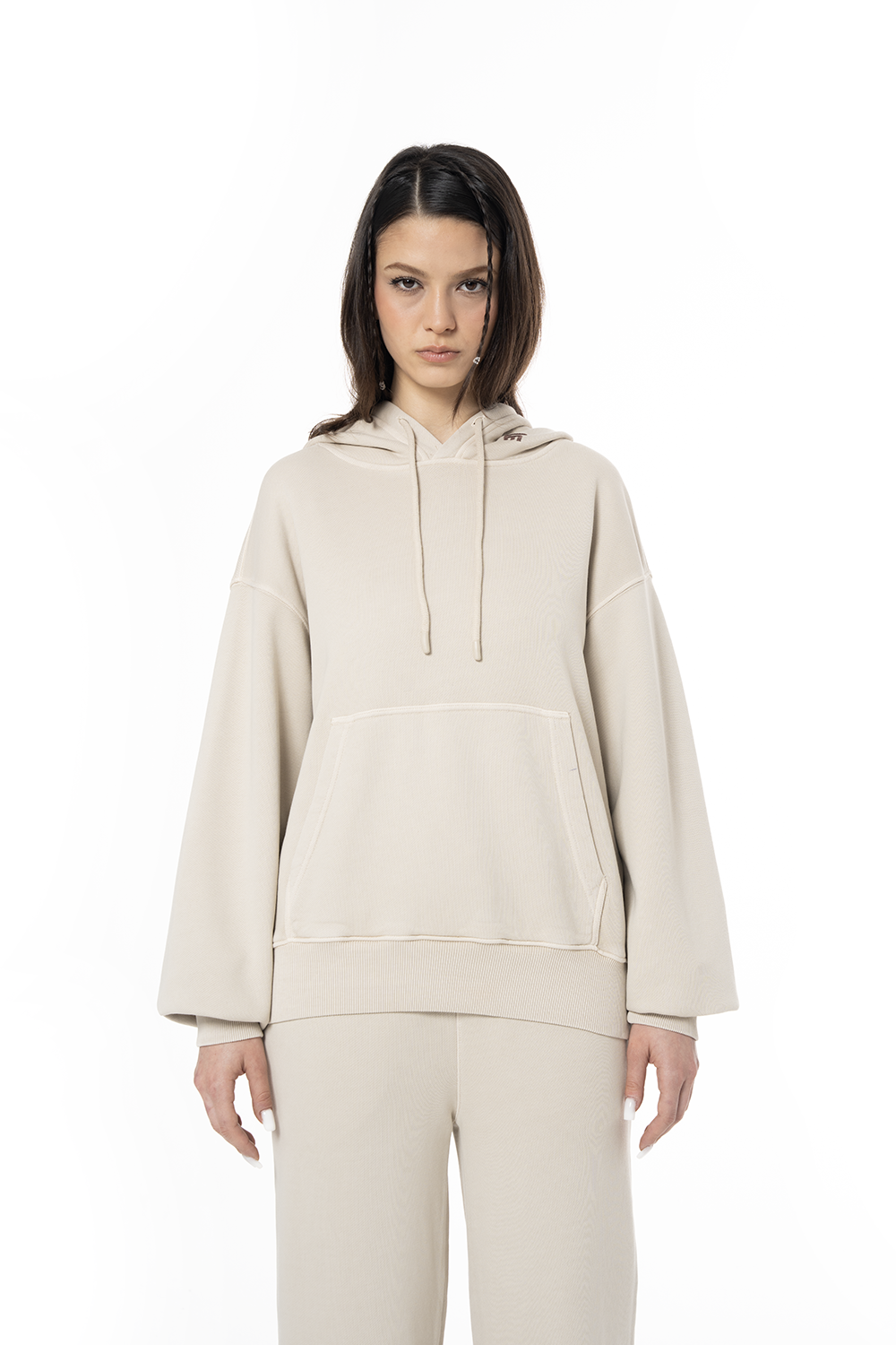 Kadın Oversize Fm Icon Nakışlı Hoodie - Bej - 0