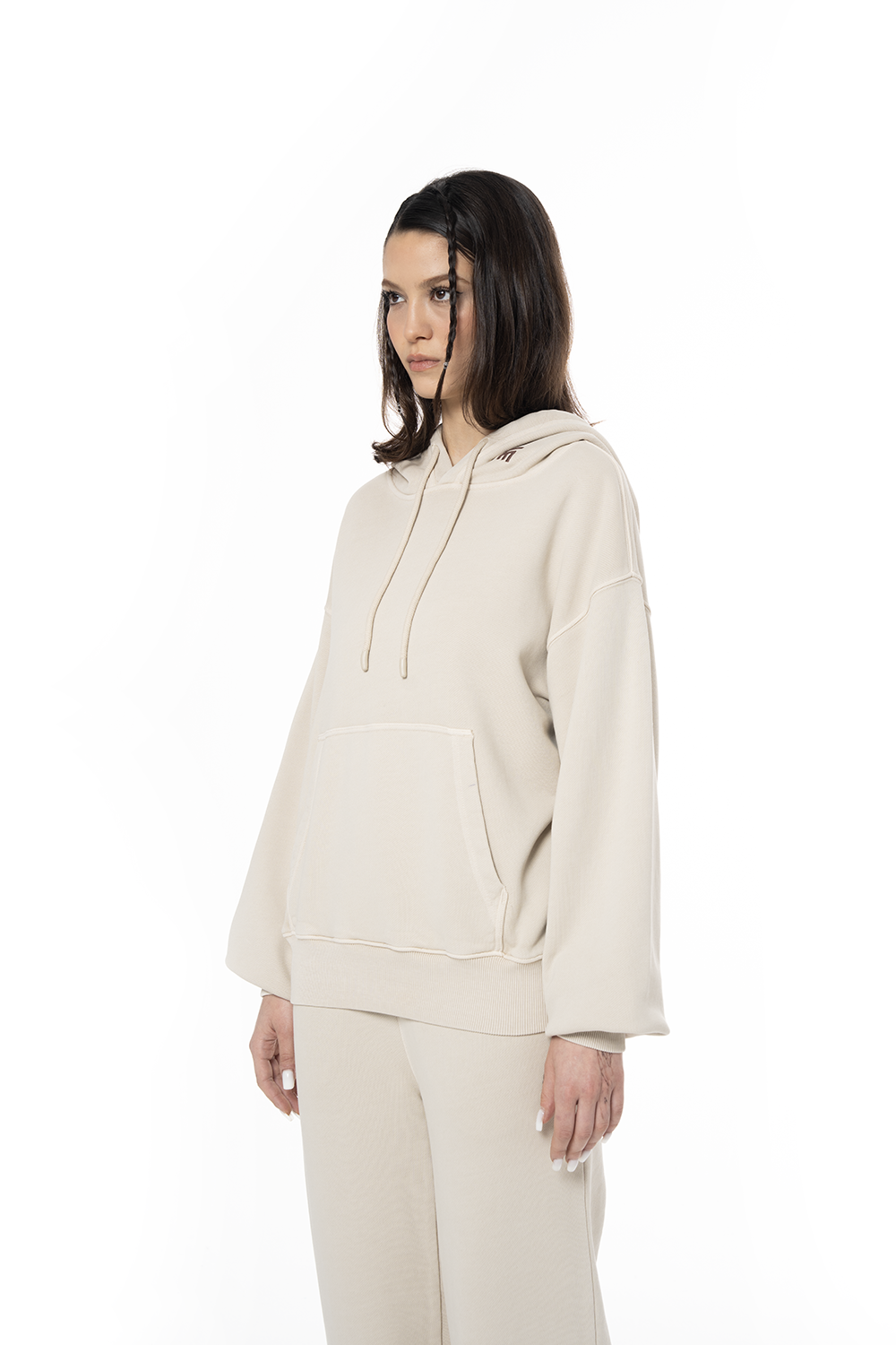 Kadın Oversize Fm Icon Nakışlı Hoodie - Bej - 1