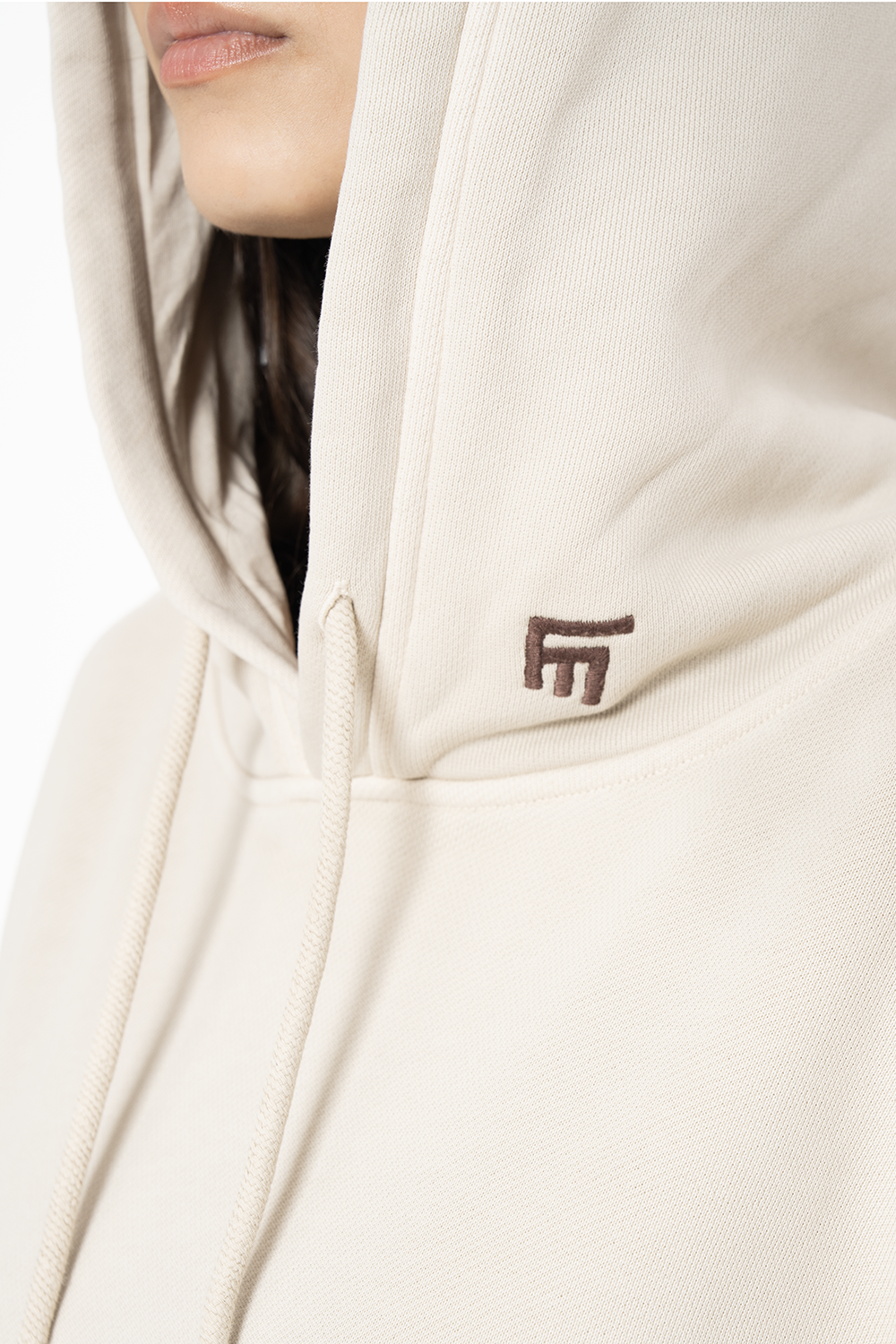 Kadın Oversize Fm Icon Nakışlı Hoodie - Bej - 3