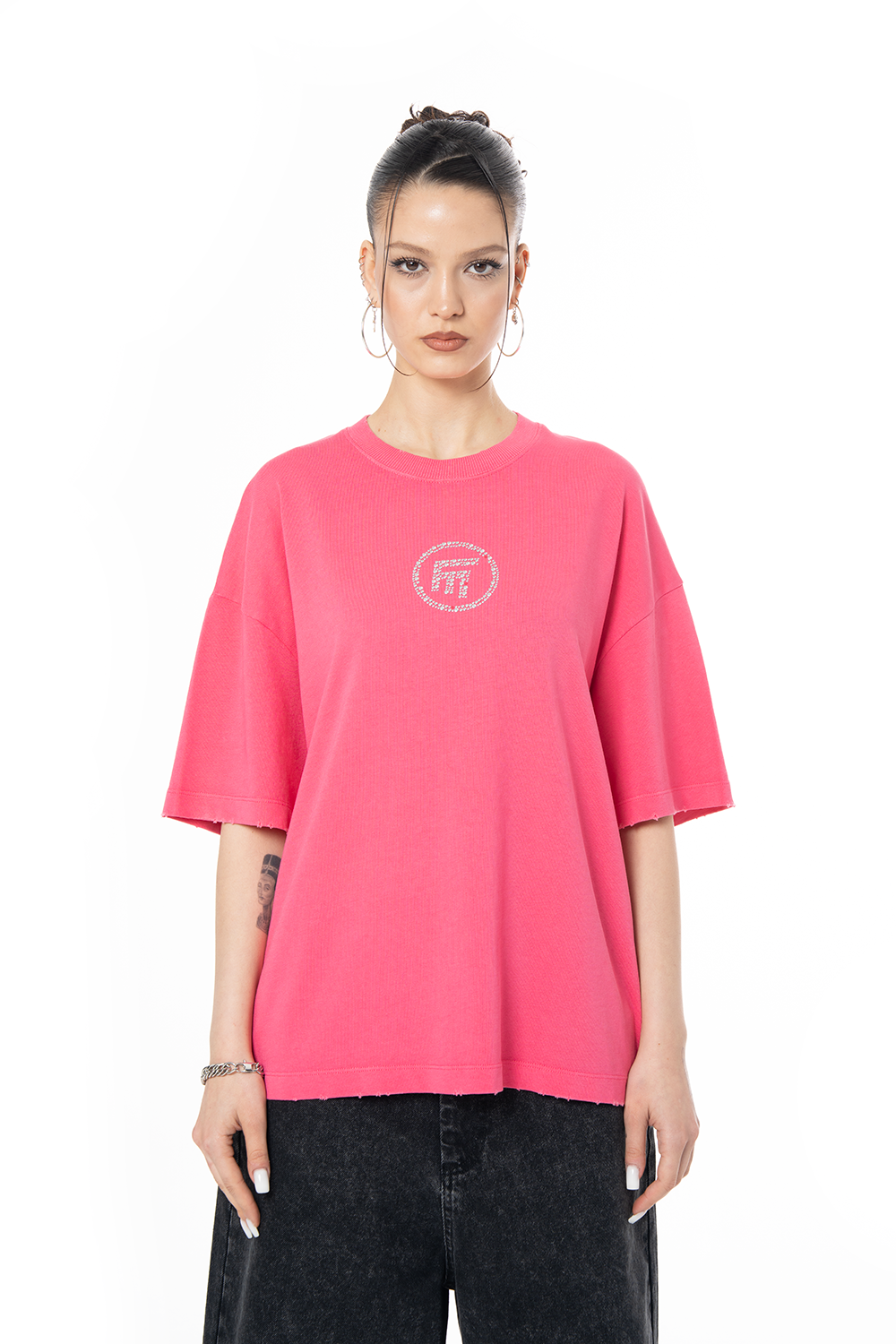 Kadın Oversize Fm Icon Yıpratmalı Tişört - Pembe - 0