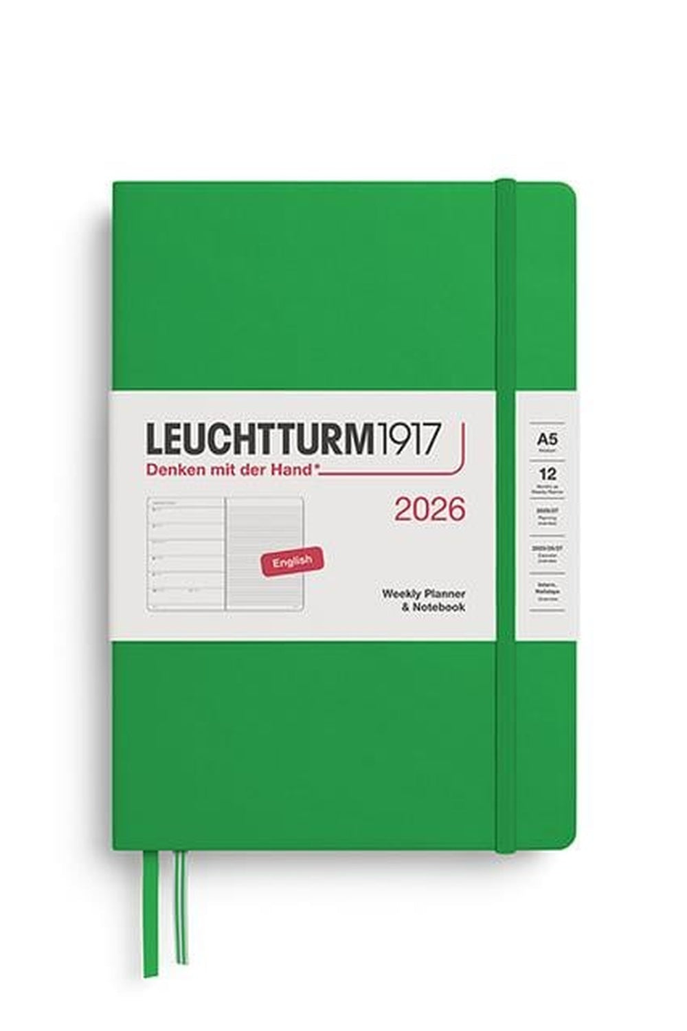 Leuchtturm1917 Orta Boy (A5) 12 Aylık Ajanda Ve Not Defteri (Çizgili) 2026 Sert Kapak, İngilizce, Spring Leaf372657 - 0