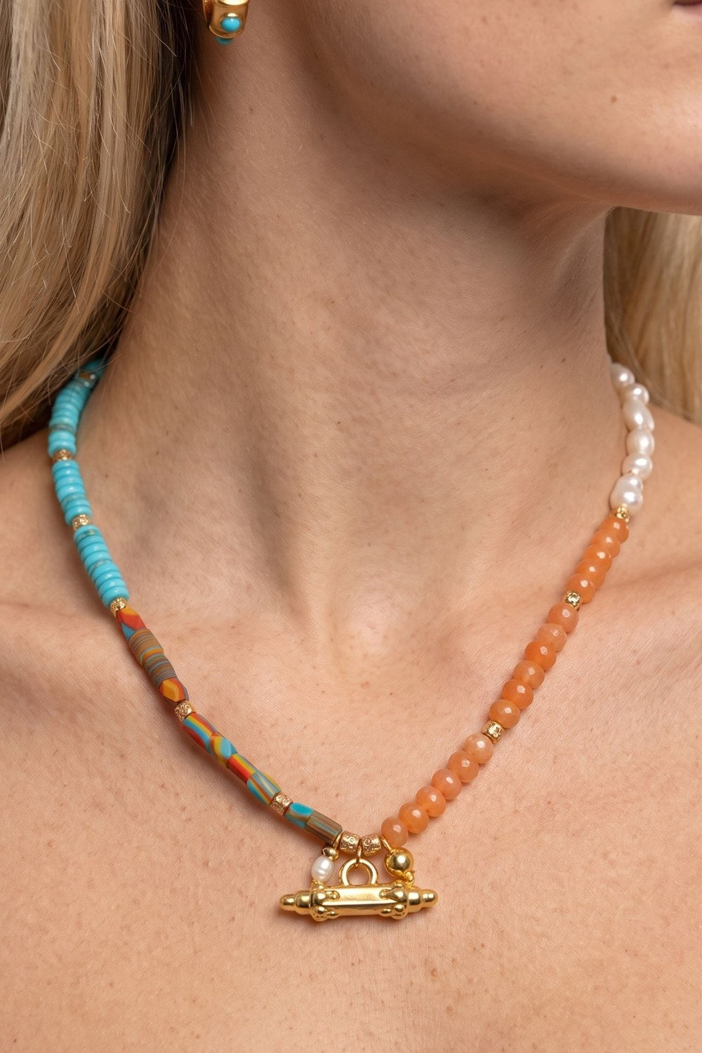 Seaside Orange Blue Natural Stone Pearl Necklace - 1
