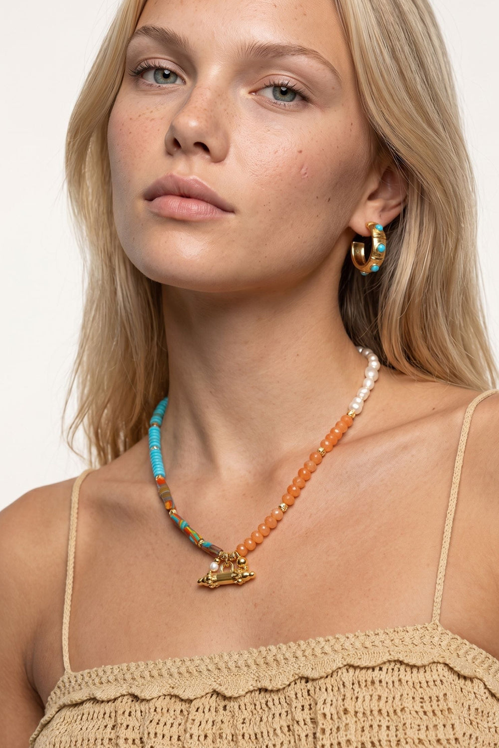 Seaside Orange Blue Natural Stone Pearl Necklace - 2
