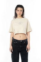 Kadın Oversize Fm Icon Yıpratmalı Crop Tişört - Krem - 0