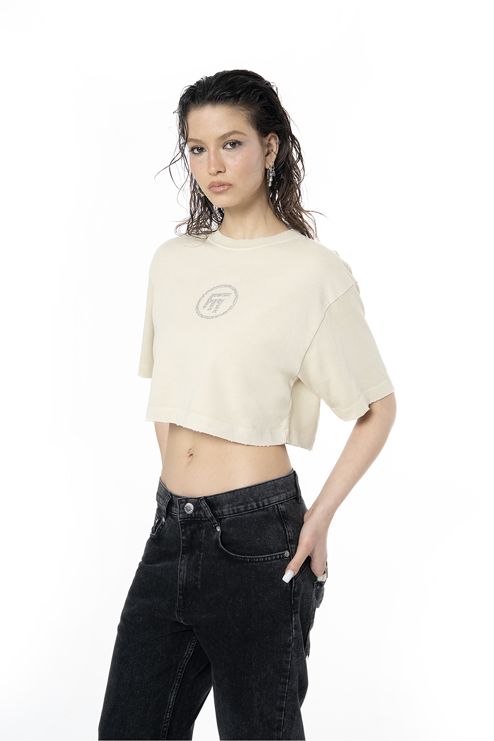 Kadın Oversize Fm Icon Yıpratmalı Crop Tişört - Krem - 1