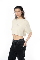 Kadın Oversize Fm Icon Yıpratmalı Crop Tişört - Krem - 1