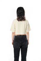 Kadın Oversize Fm Icon Yıpratmalı Crop Tişört - Krem - 2