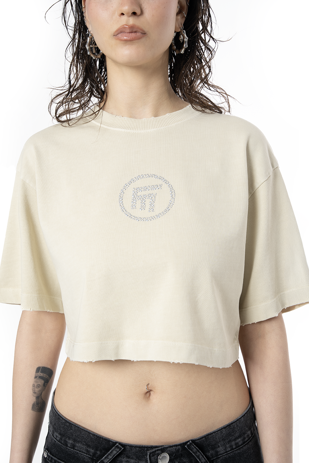 Kadın Oversize Fm Icon Yıpratmalı Crop Tişört - Krem - 3