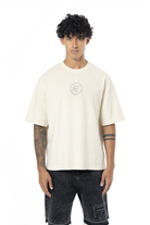 Unisex Oversize Fm Icon Yıpratmalı Tişört - Krem - 0