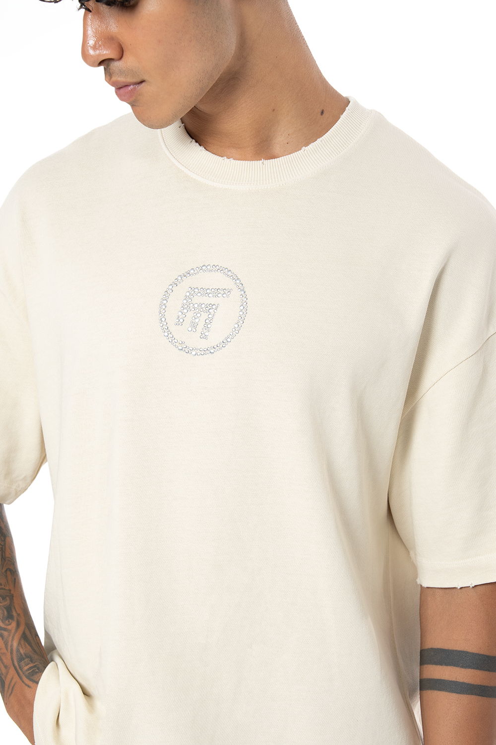 Unisex Oversize Fm Icon Yıpratmalı Tişört - Krem - 1