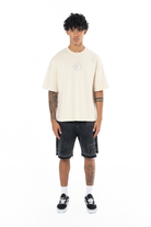 Unisex Oversize Fm Icon Yıpratmalı Tişört - Krem - 3
