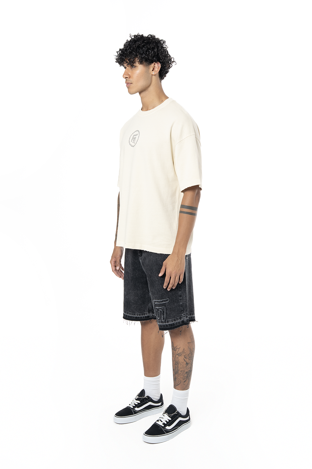 Unisex Oversize Fm Icon Yıpratmalı Tişört - Krem - 4