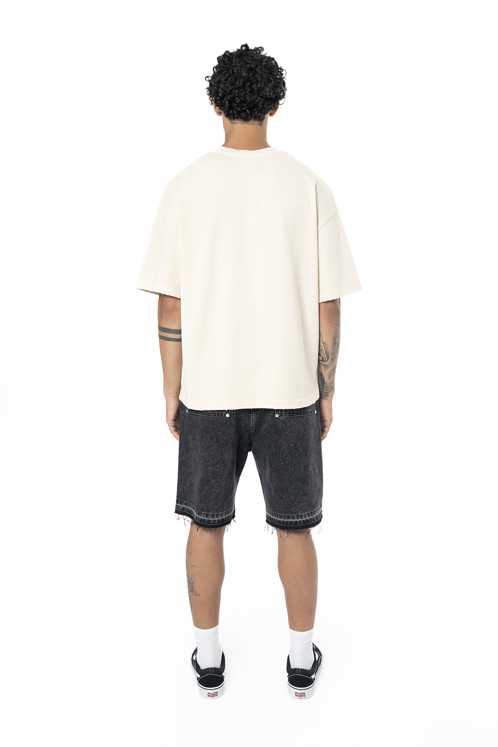 Unisex Oversize Fm Icon Yıpratmalı Tişört - Krem - 5