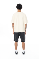 Unisex Oversize Fm Icon Yıpratmalı Tişört - Krem - 5