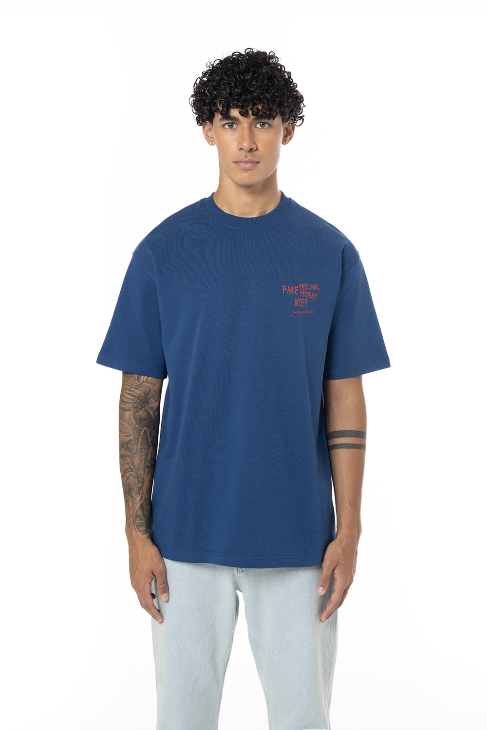 Unisex Oversize Fake Love Baskılı Tişört - Mavi - 0