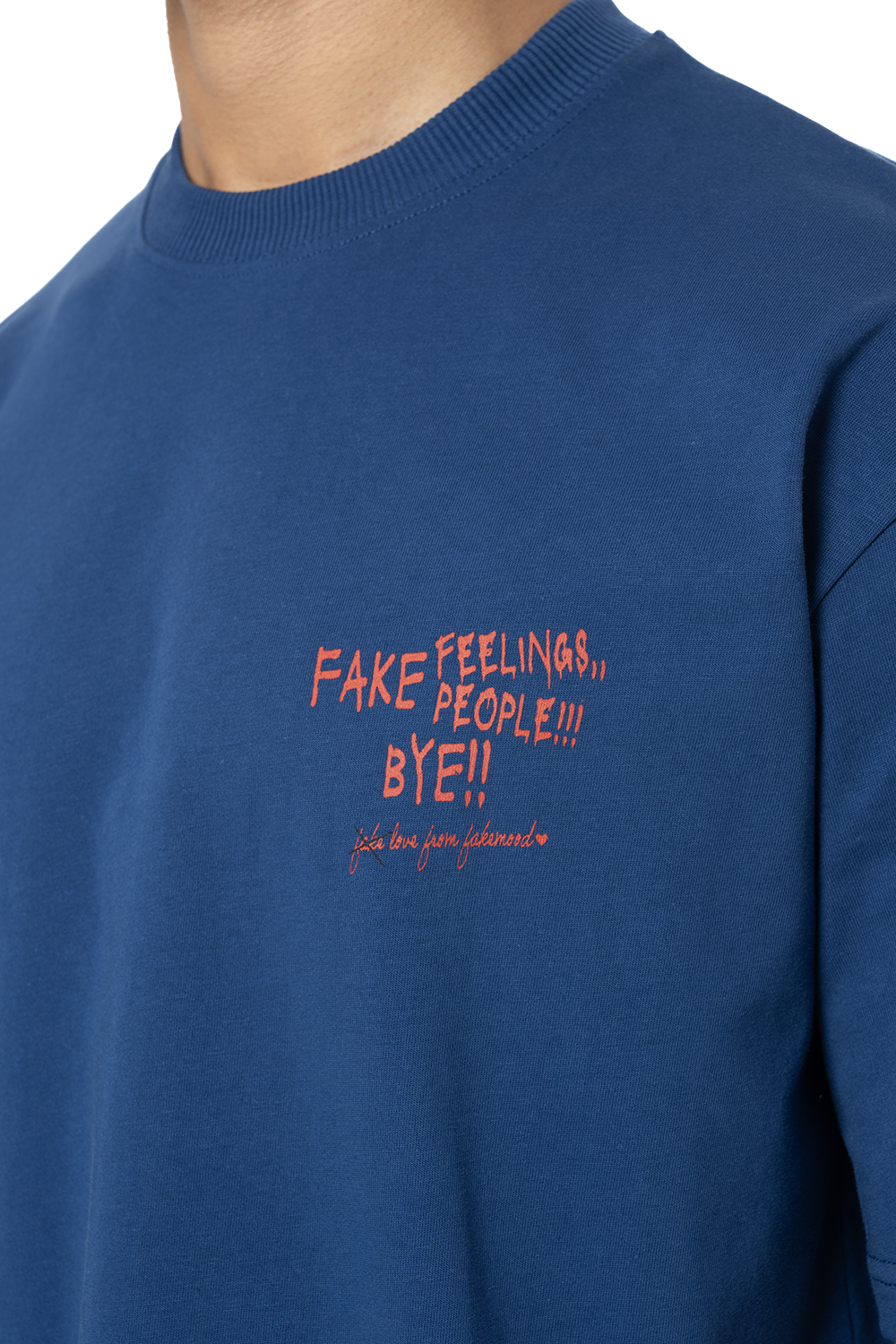 Unisex Oversize Fake Love Baskılı Tişört - Mavi - 1