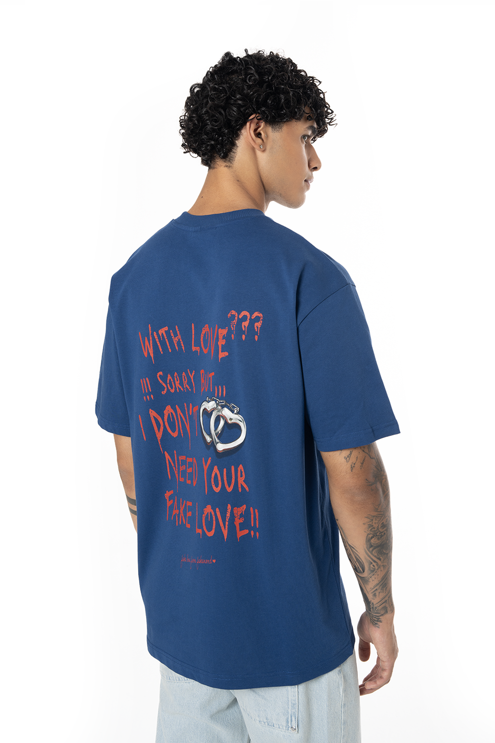 Unisex Oversize Fake Love Baskılı Tişört - Mavi - 2