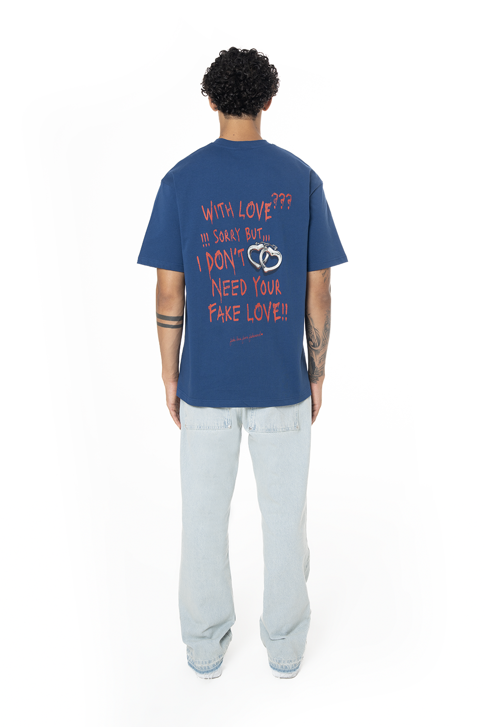 Unisex Oversize Fake Love Baskılı Tişört - Mavi - 3