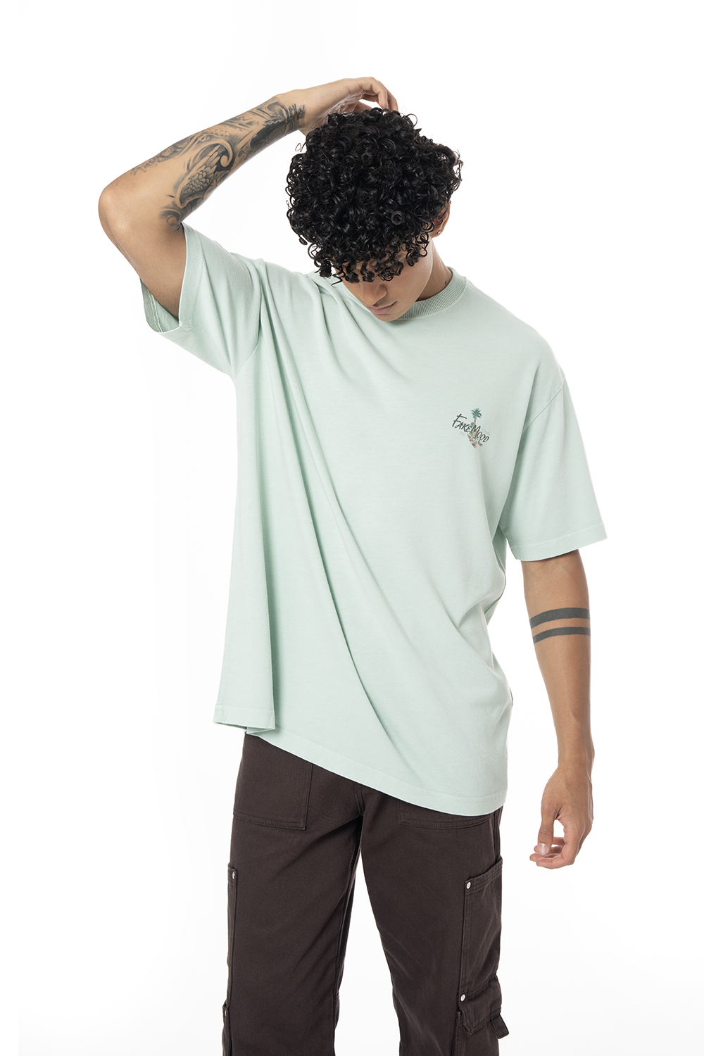 Erkek Oversize Fakemood Place Baskılı Tişört - Yeşil - 0