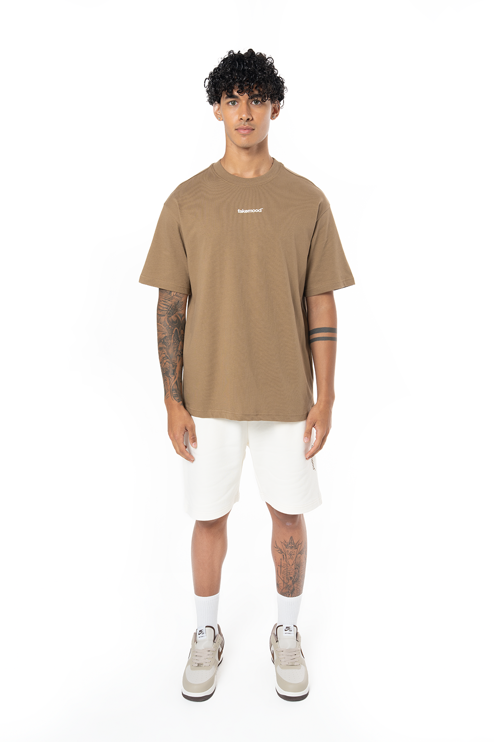 Erkek Oversize Basic Baskılı Tişört - Kahverengi - 0