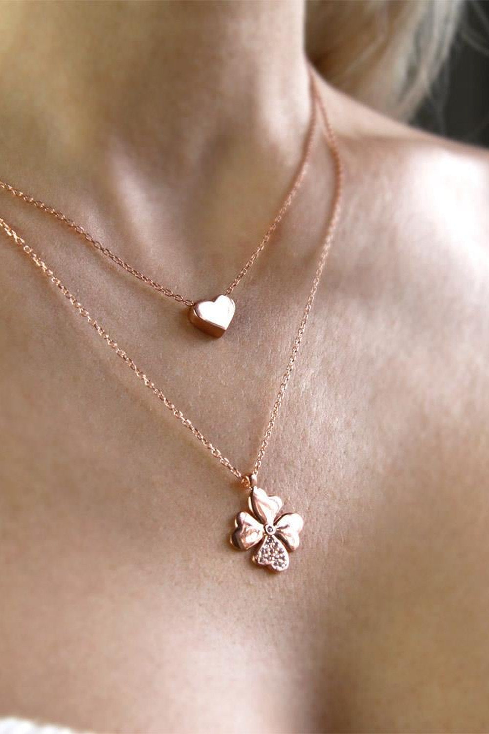 Celestia ve Four-Leaf Clover El Yapımı Gümüş Kolye Seti, Rose Gold - 0
