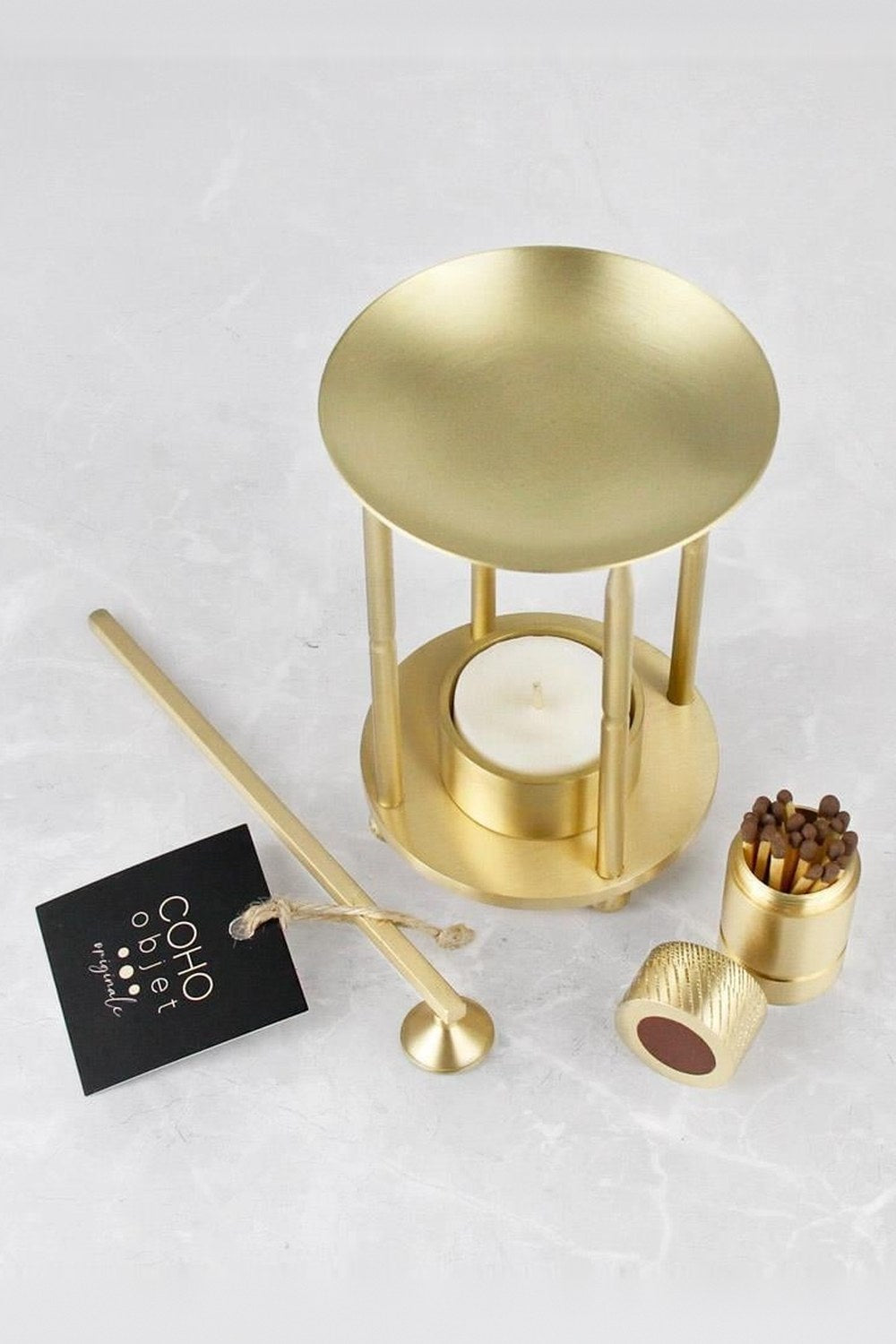 Coho Lux Pirinç Aromaterapi Buhurdanlık & Mumluk & Mum Söndürücü & Kibritlik Set - 6