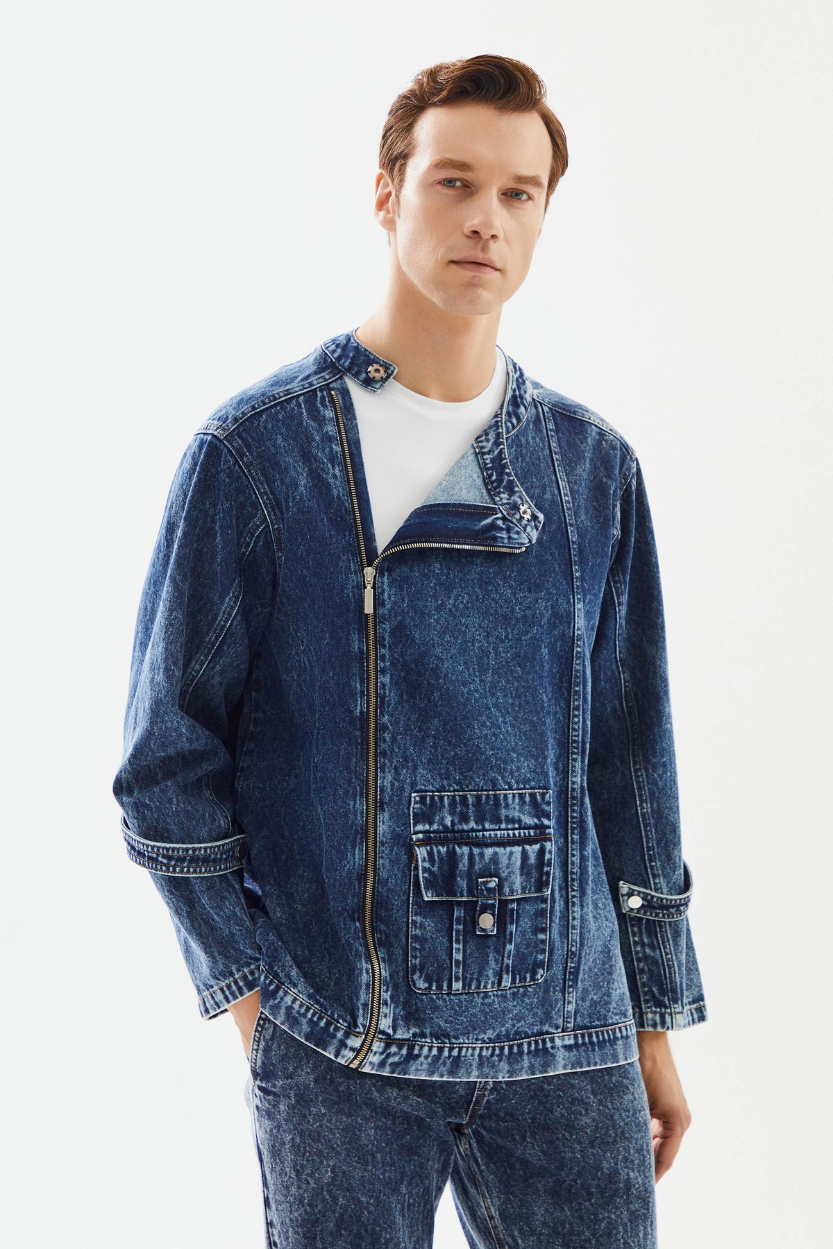 2be4 A-Erkek Bisiklet Yakalı Yan Fermuarlı Denim Ceket-3-roqelvaxirum.shop