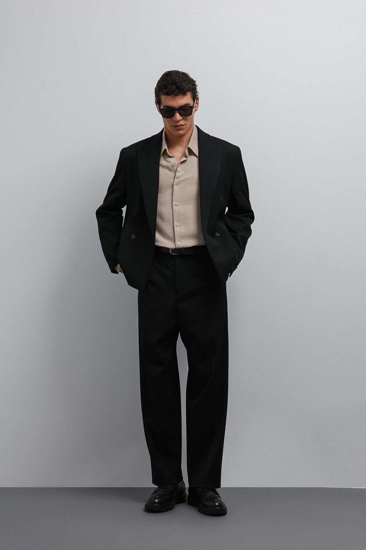 Antioch-Antioch Siyah Relax Fit Pilili Erkek Pantolon-Kumaş Pantolon-3-roqelvaxirum.shop