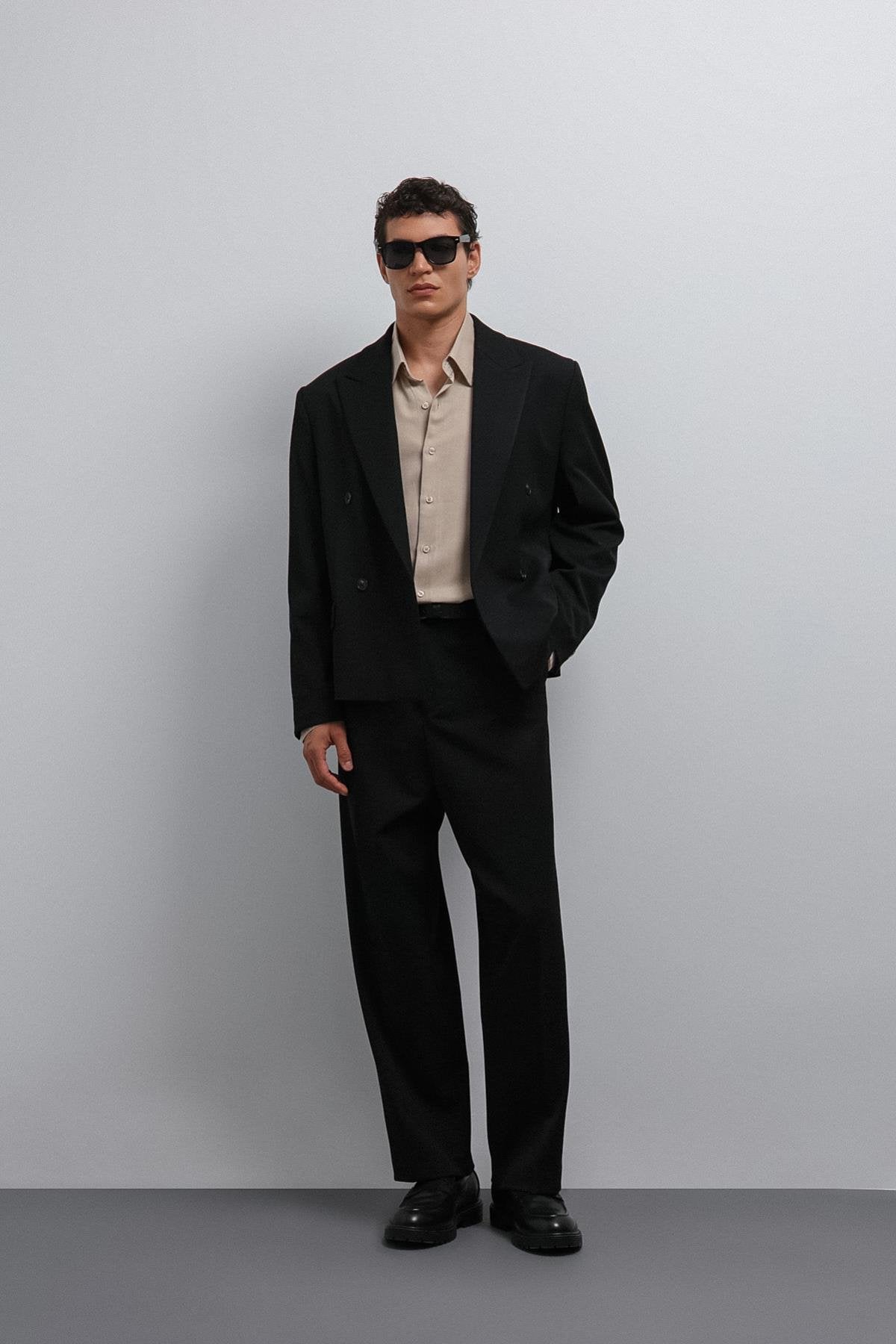 Antioch-Antioch Siyah Relax Fit Pilili Erkek Pantolon-Kumaş Pantolon-4-roqelvaxirum.shop