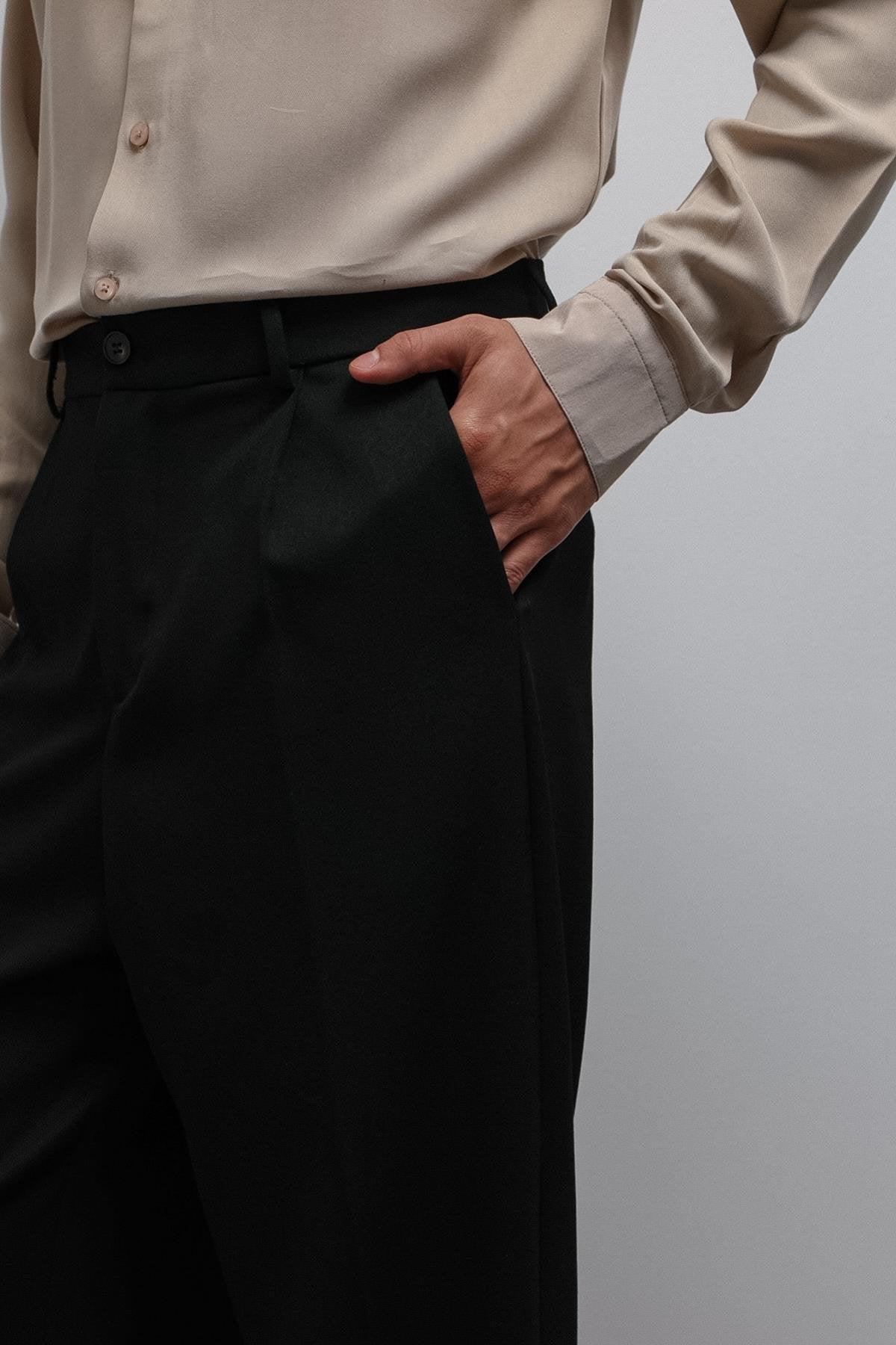 Antioch-Antioch Siyah Relax Fit Pilili Erkek Pantolon-Kumaş Pantolon-5-roqelvaxirum.shop