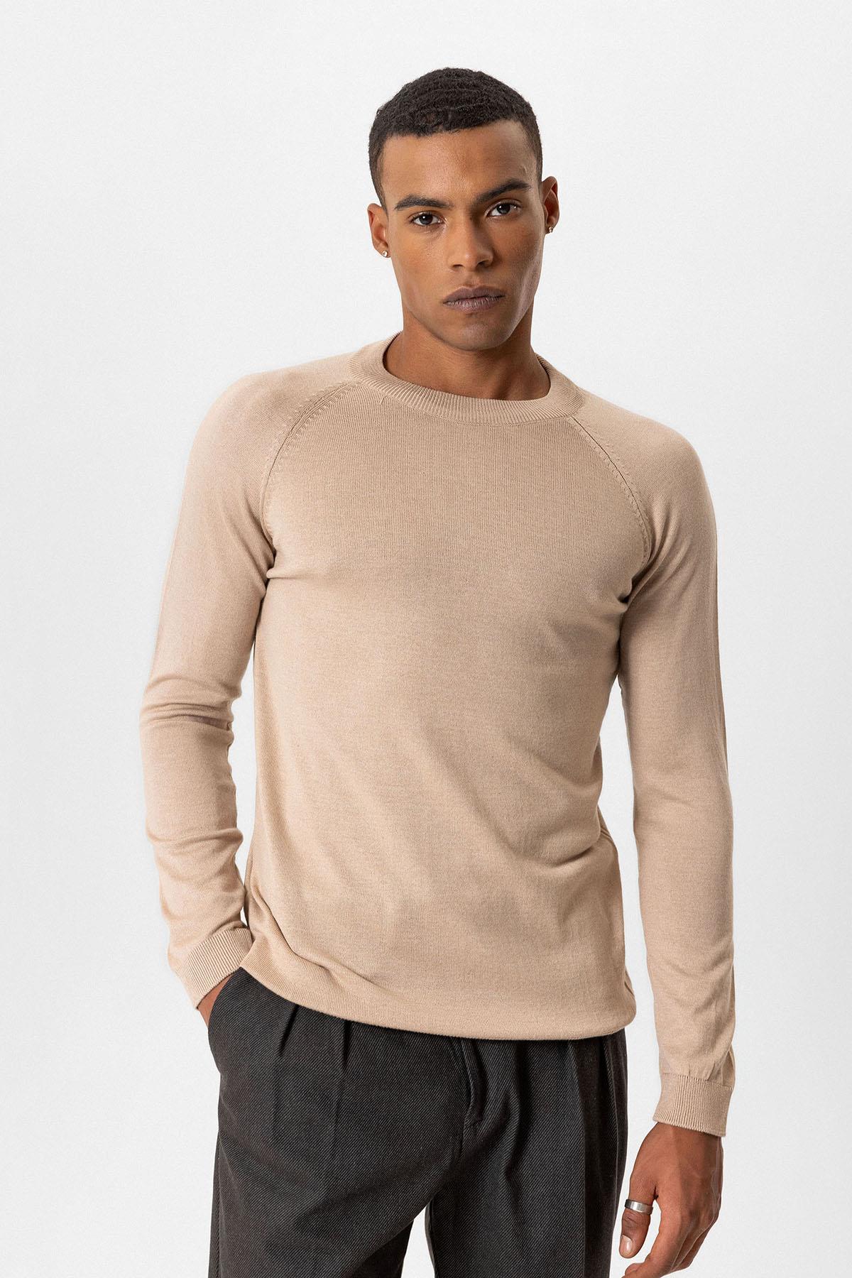 Antioch-Bej Bisiklet Yaka Slim Fit Triko Kazak-Kazak & Triko-1-roqelvaxirum.shop