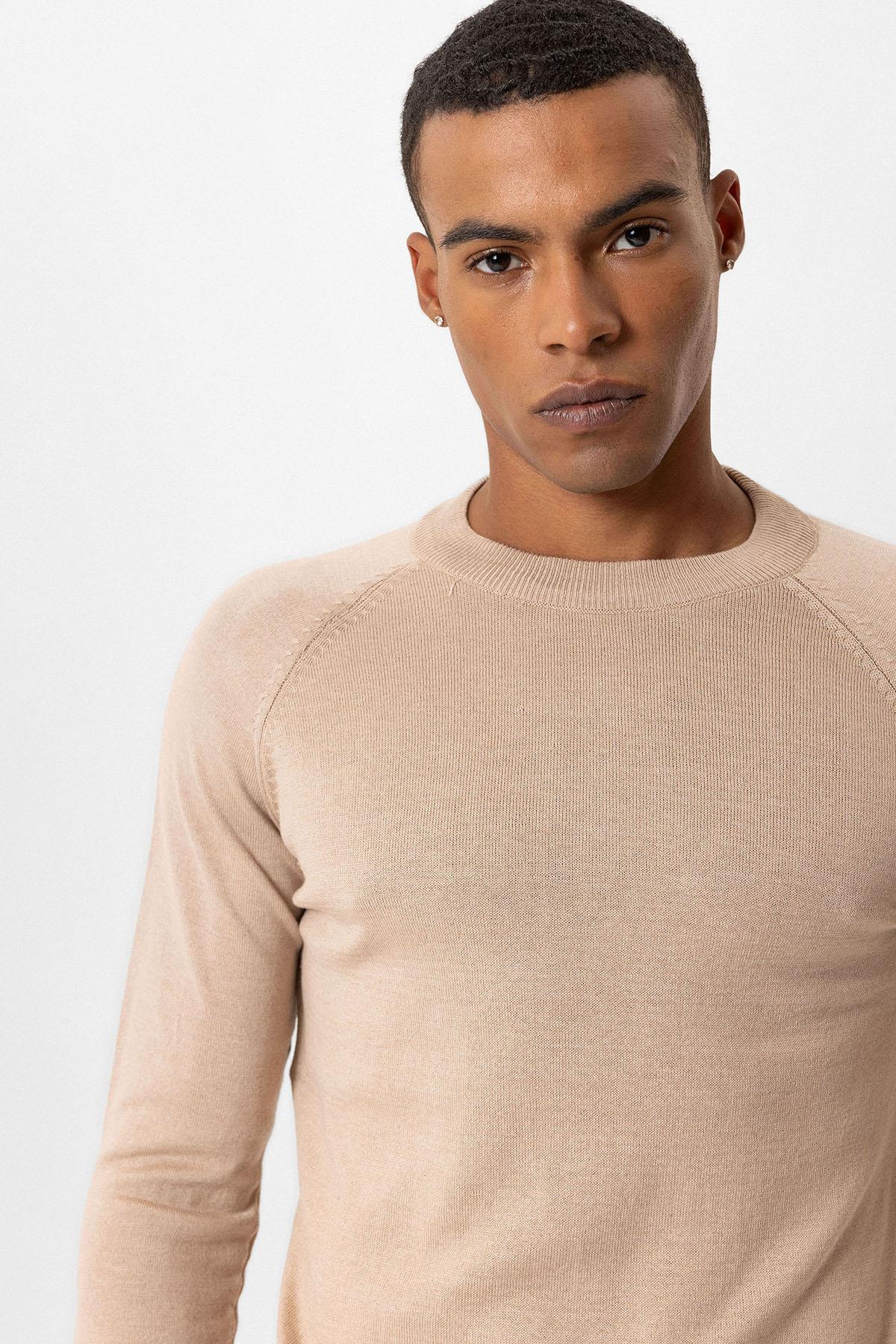 Antioch-Bej Bisiklet Yaka Slim Fit Triko Kazak-Kazak & Triko-4-roqelvaxirum.shop