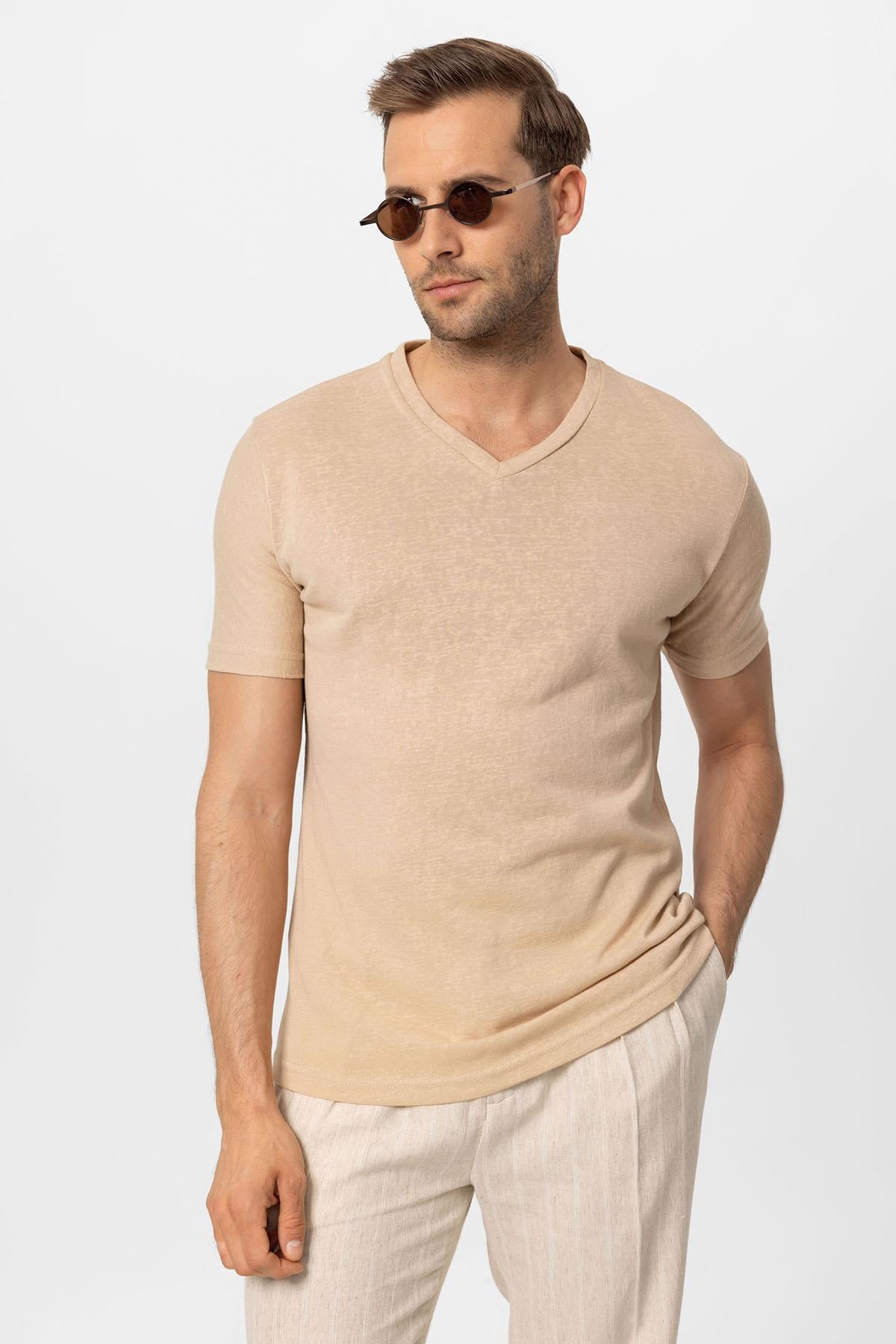 Antioch-Bej V Yaka Basic Erkek T Shirt-T-Shirts-2-roqelvaxirum.shop