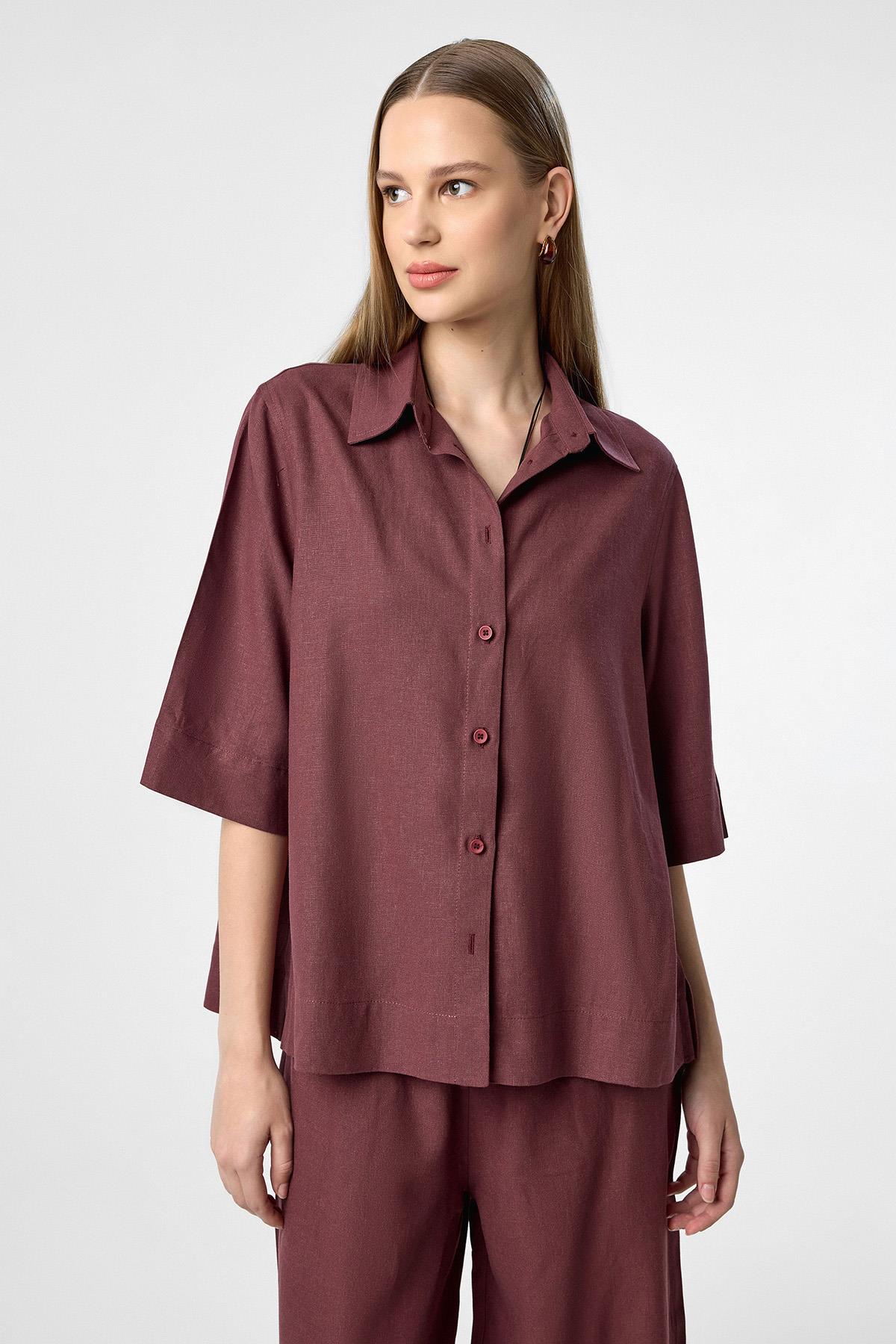 Antioch-Bordo Keten Karışımlı Kadın Gömlek-Gömlek-2-roqelvaxirum.shop