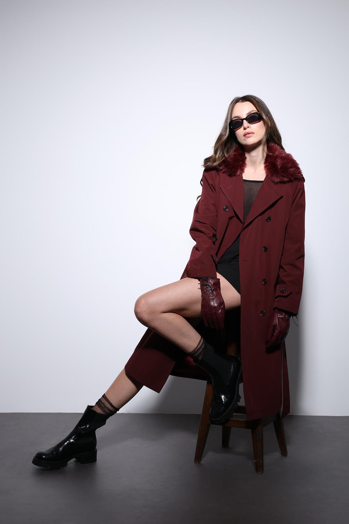 Antioch-Bordo Suni Kürklü Yaka Kadın Trençkot-Trençkot-1-roqelvaxirum.shop