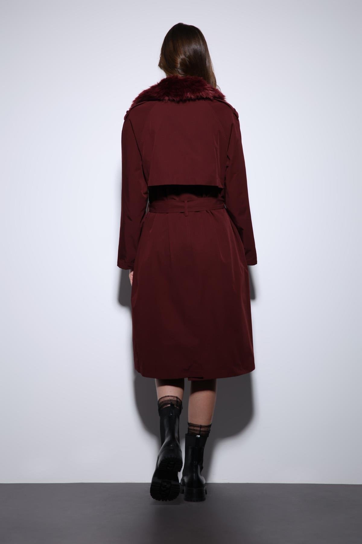 Antioch-Bordo Suni Kürklü Yaka Kadın Trençkot-Trençkot-6-roqelvaxirum.shop