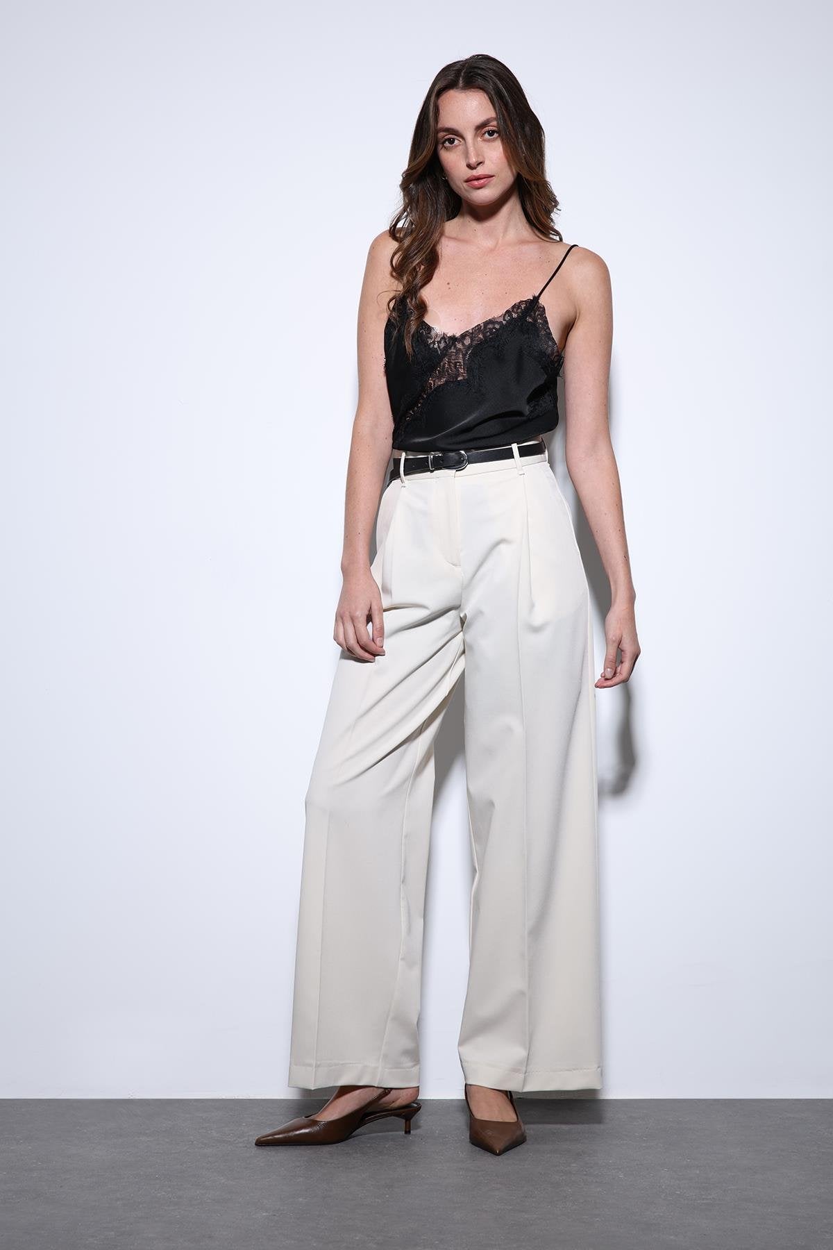 Antioch-Antioch Ekru Geniş Paça Kadın Pantolon-Kumaş Pantolon-1-roqelvaxirum.shop