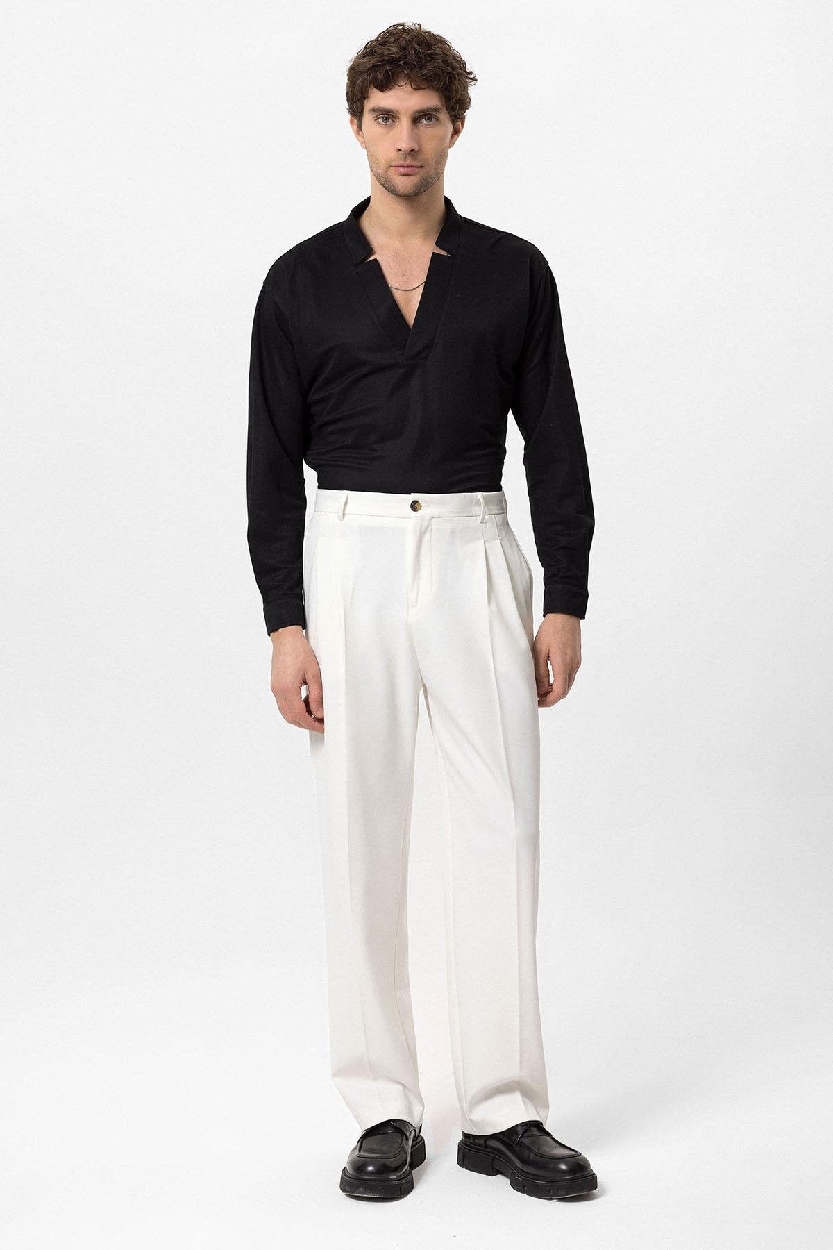 Antioch-Ekru Yüksek Bel Pileli Rahat Kalıp Erkek Pantolon-Kumaş Pantolon-3-roqelvaxirum.shop