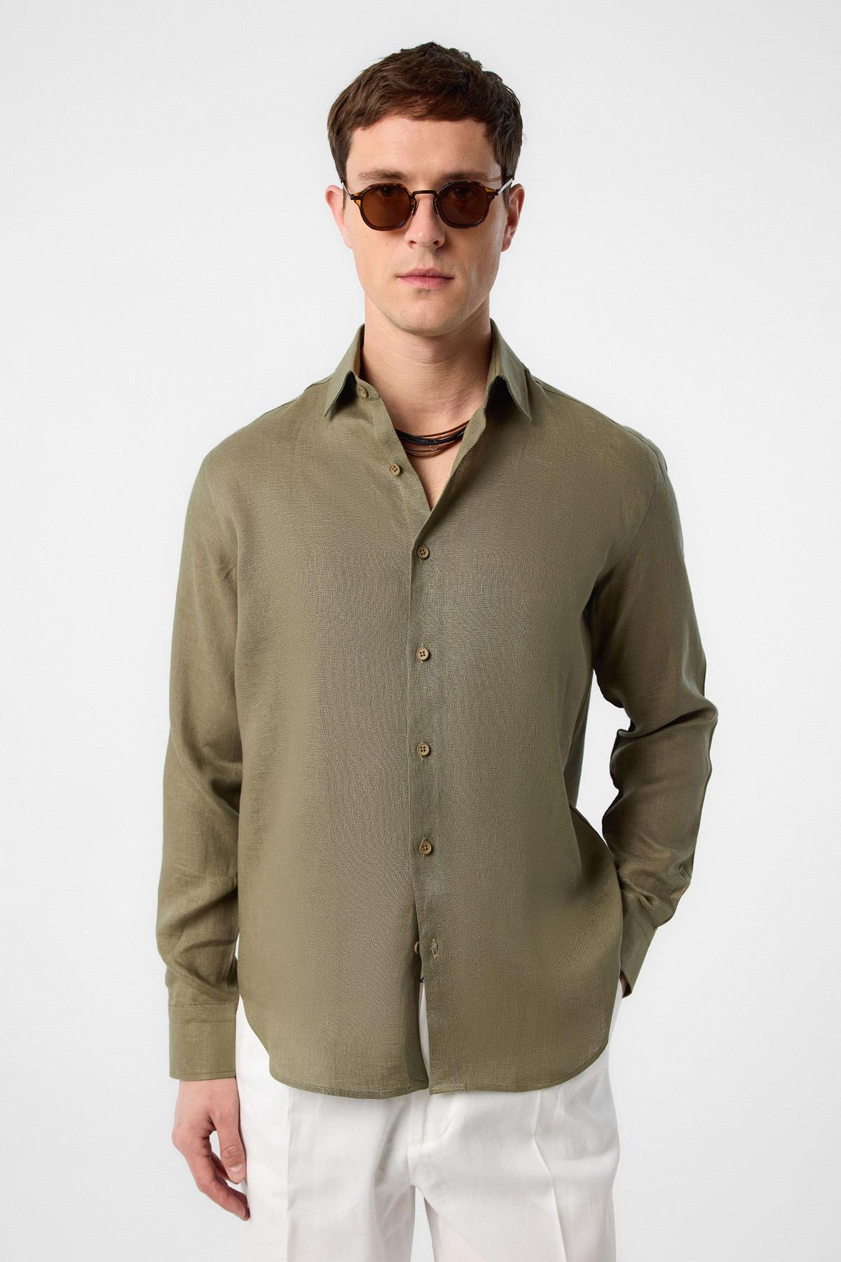 Antioch-Antioch Haki 100% Keten Comfort Fit Erkek Gömlek-Gömlek-5-roqelvaxirum.shop