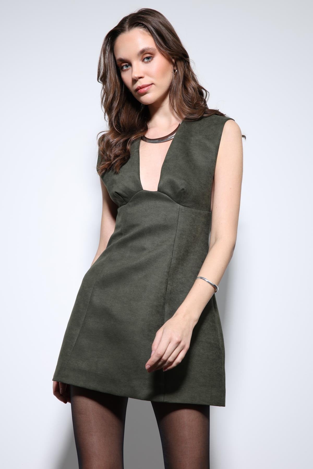 Antioch-Haki Dekolteli Kısa Elbise-Elbise-4-roqelvaxirum.shop