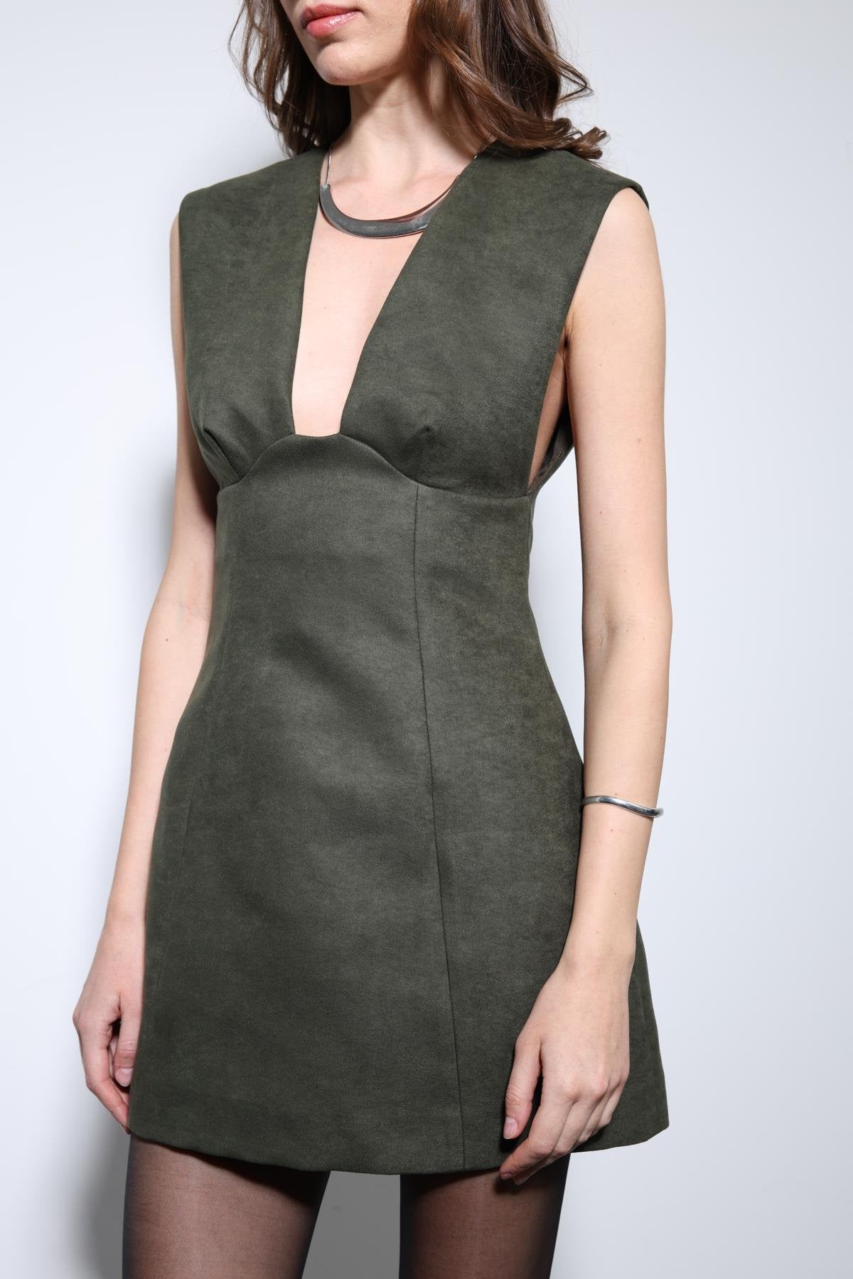 Antioch-Haki Dekolteli Kısa Elbise-Elbise-6-roqelvaxirum.shop