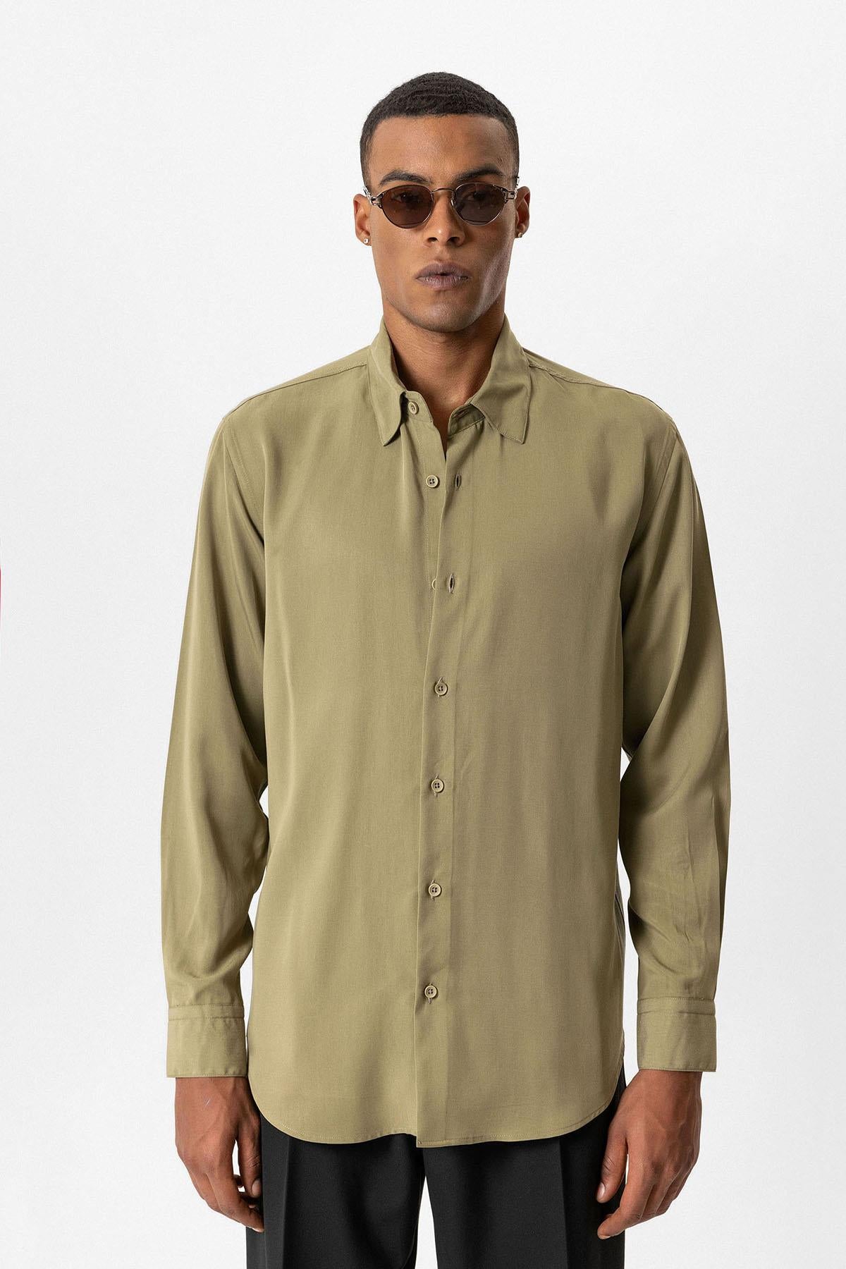 Antioch-Haki Teknik Tencel Kumaş Erkek Gömlek-Gömlek-1-roqelvaxirum.shop