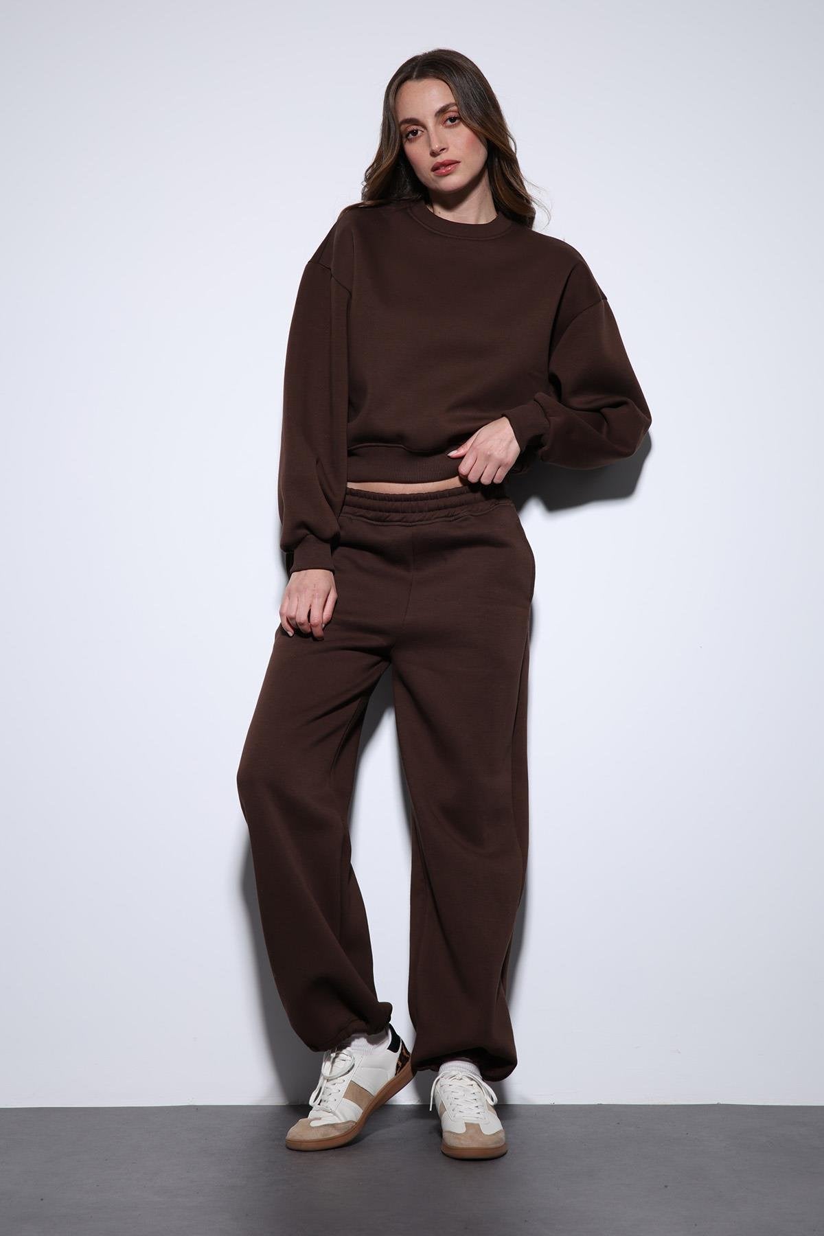 Antioch-Kahve Basic Kadın Sweatshirt-Sweatshirt-1-roqelvaxirum.shop
