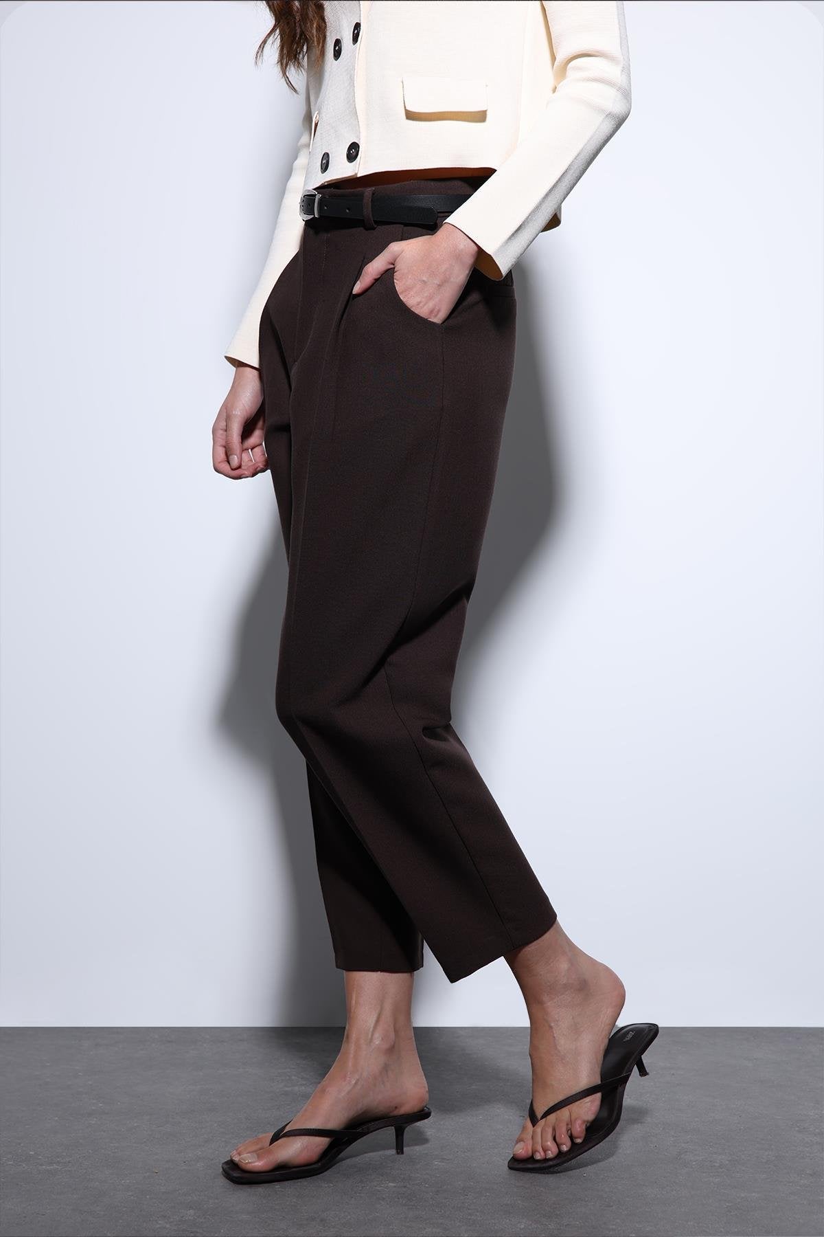 Antioch-Antioch Kahve Pensli Kadın Pantolon-Kumaş Pantolon-2-roqelvaxirum.shop