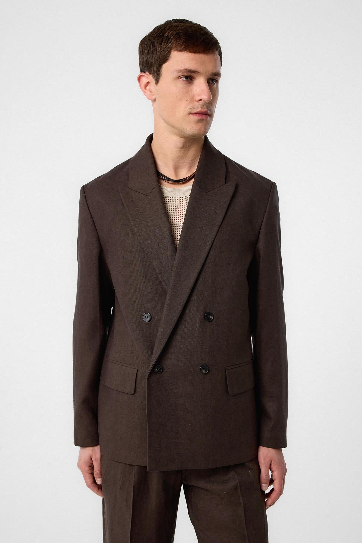 Antioch-Kahve Relax Fit Keten Karışımlı Erkek Blazer Ceket-Blazer Ceket-1-roqelvaxirum.shop
